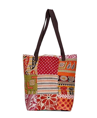 IndiWeaves Womens Cotton Multicolour Kantha Work Canvas Vintage Top Handle Handmade Tote Bag