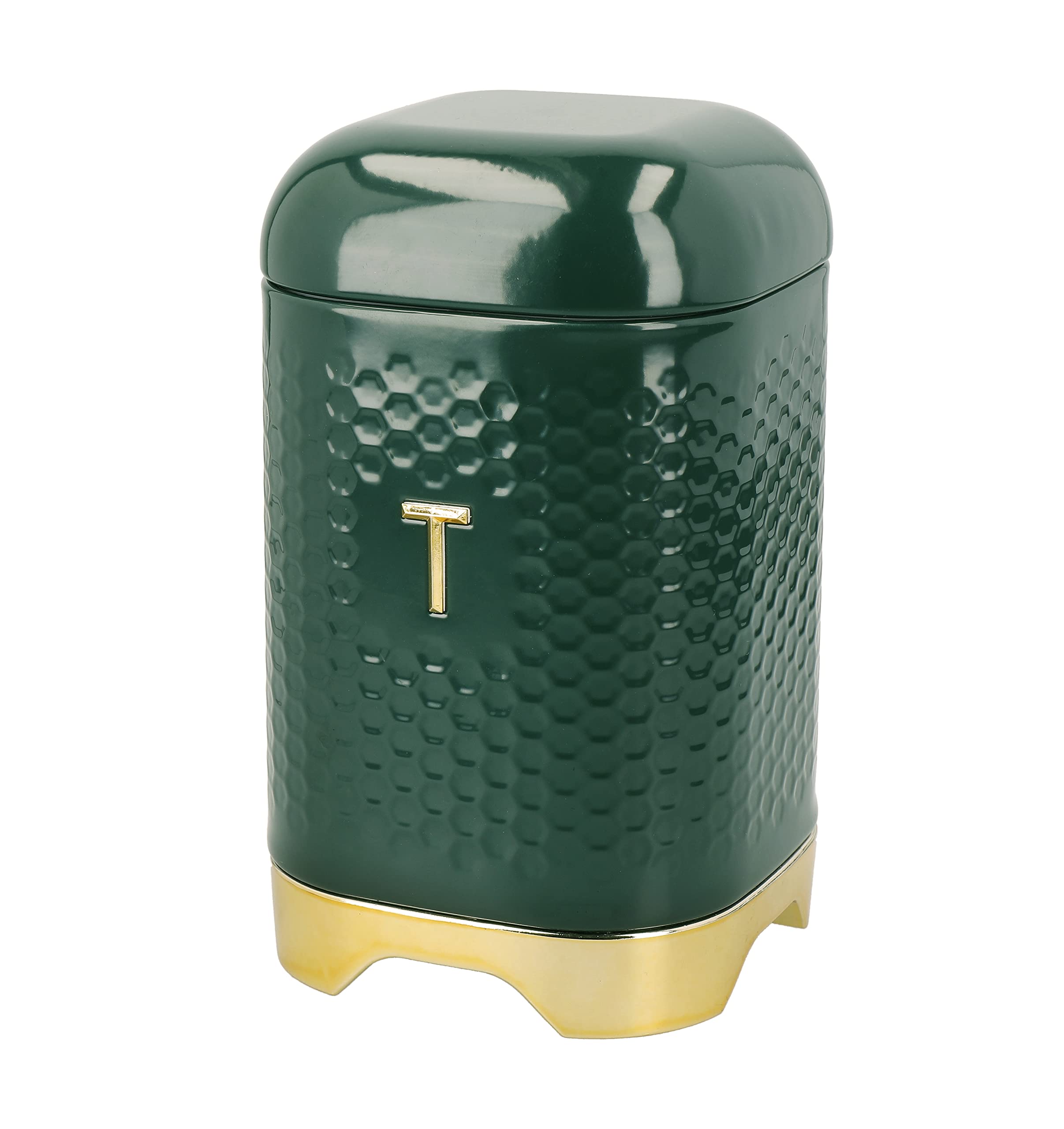 KitchenCraft Tea Storage Caddy with Lid, Hunter Green & Gold, 11.5 x 11.5 x 19.5cm