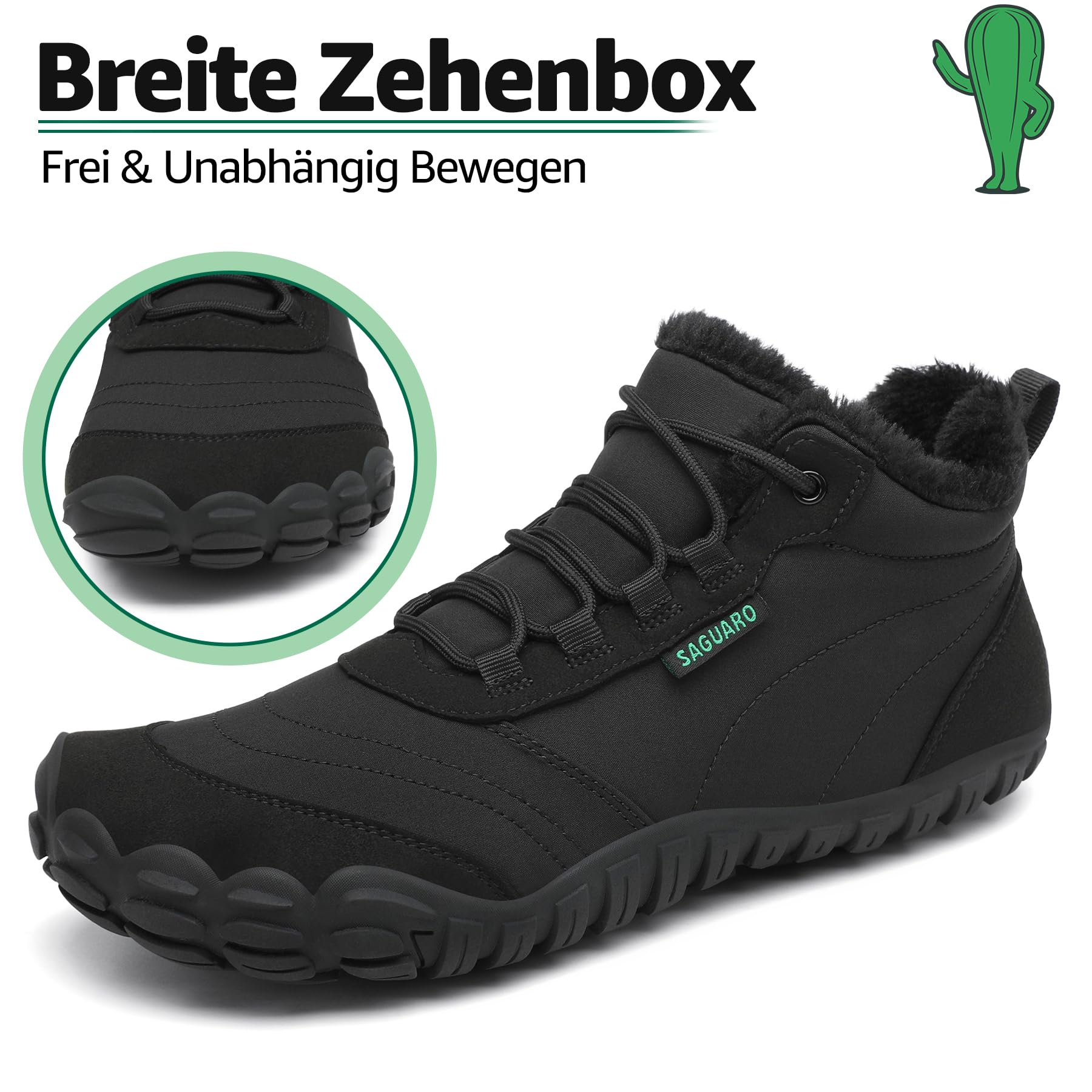 SAGUARO Barfußschuhe Winter Herren Winterschuhe Damen Gefüttert Winterstiefel Warm Barfusschuhe Wasserabweisend Schneestiefel Outdoor Winterboots Schwarz,EU GR.42 2