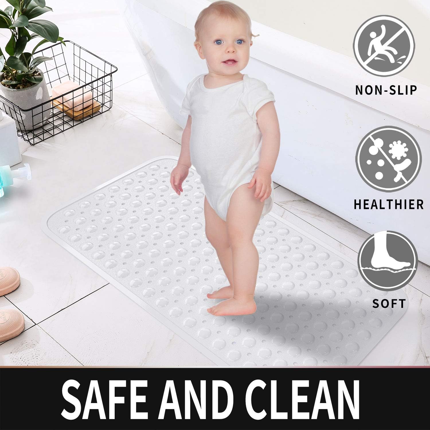 Yimobra Original Bath Tub Shower Mat 31 x 15.3 Inches, Comfortable, Non-Slip, Suction Cups with Drain Holes, Machine Washable, Phthalate, Latex and BPA Free Bathroom Mats, White: Home & Kitchen