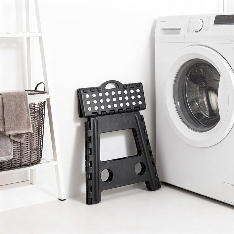 Taburete Plegable, Portátil, Escalón Baño, para Niños o Viajes, Resiste hasta 150 kg, 39 x 39 x 32 cm, Negro