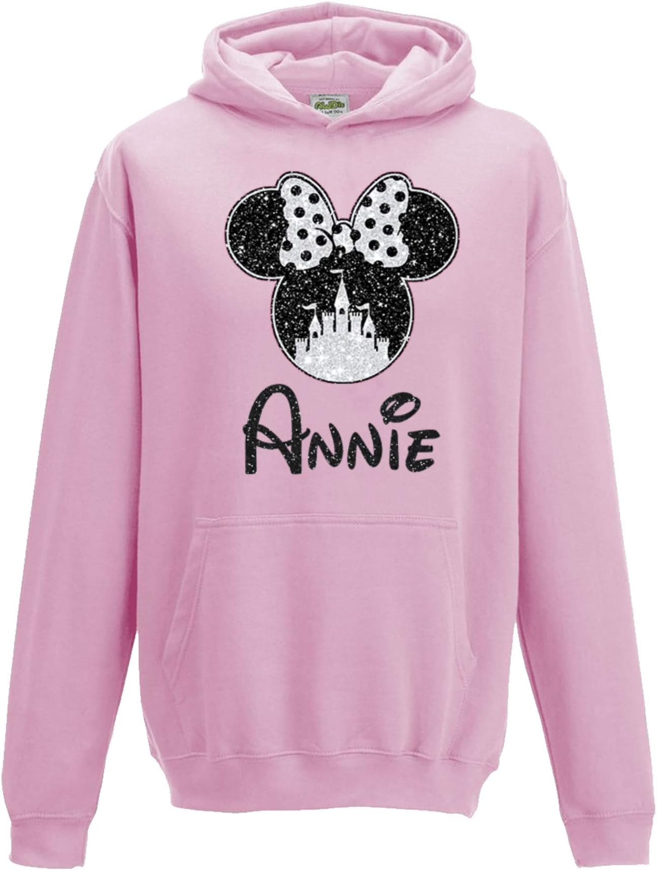 Girls Personalised Minnie Castle Hoodie - Printed in Beautiful Glitter for Kids and Adults