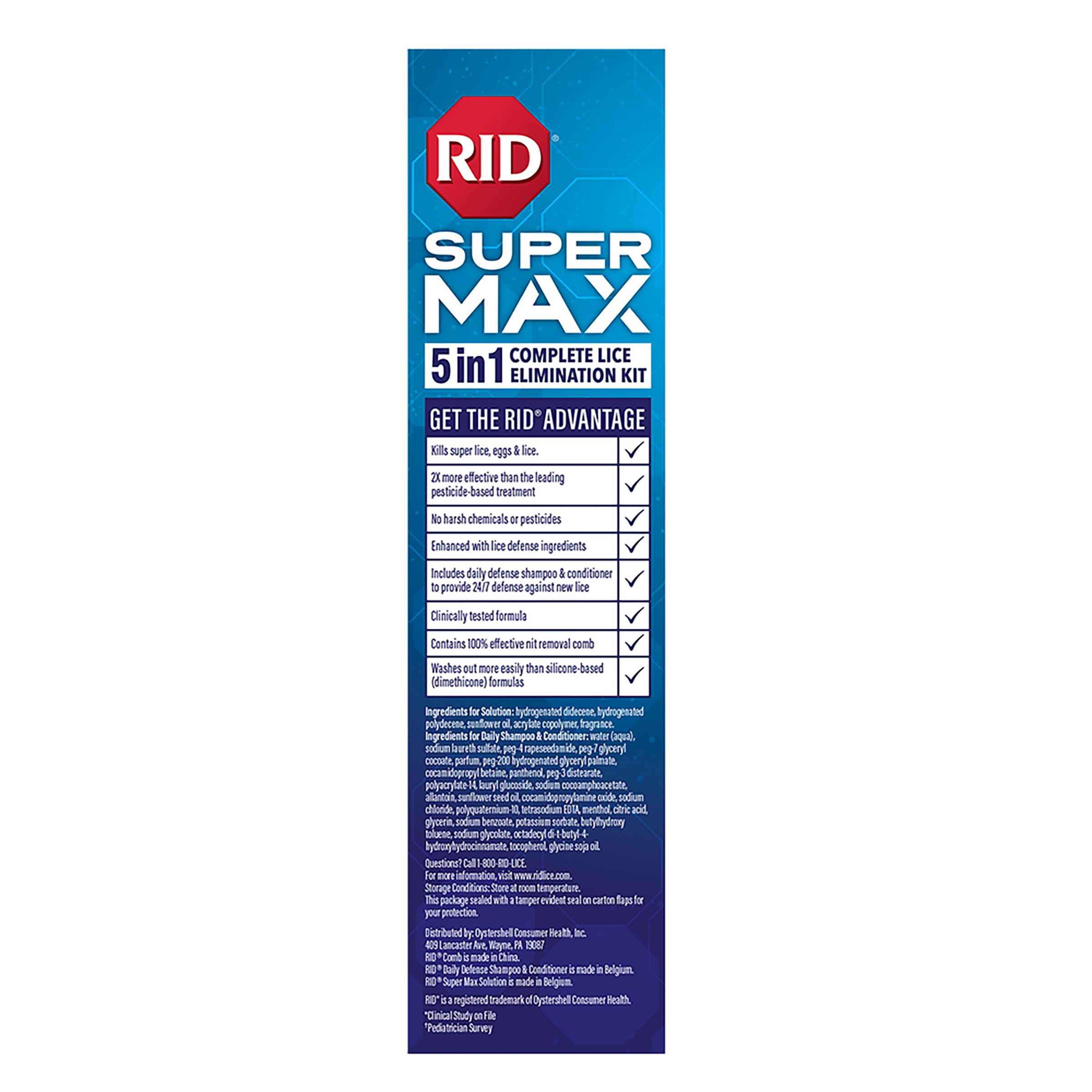 RID Super Max Lice Treatment Kit, Kills Lice & Super Lice & Eggs + 24/7 Lice Defense, Pesticide Free, 3.4 FL OZ Solution + 6.8 FL OZ Daily Defense Shampoo & Conditioner + Nit Removal Comb