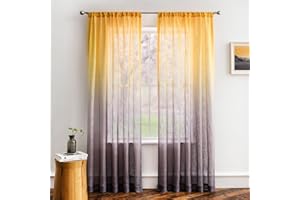 Melodieux Yellow Grey Linen Textured Ombre Semi Sheer Curtains 84 Inches Long for Living Room Bedroom Kitchen Golden Sunshine Rod Pocket Gradient Drapes, 52 x 84 Inch (2 Panels)