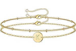 MONOZO Gold Initial Bracelets for Women Girls Christmas Gifts - Dainty 14K Gold Plated Layered Beaded Letter Initial Bracelet 26 Alphabet Disc Monogram Charm Bracelet Jewelry Christmas Gifts for Women