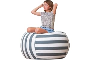 Aubliss Stuffed Animal Bean Bag Storage Chair, Beanbag Covers Only for Organizing Plush Toys, Turns into Bean Bag Seat for Kids When Filled, Medium 32"-Canvas Stripes Grey/White