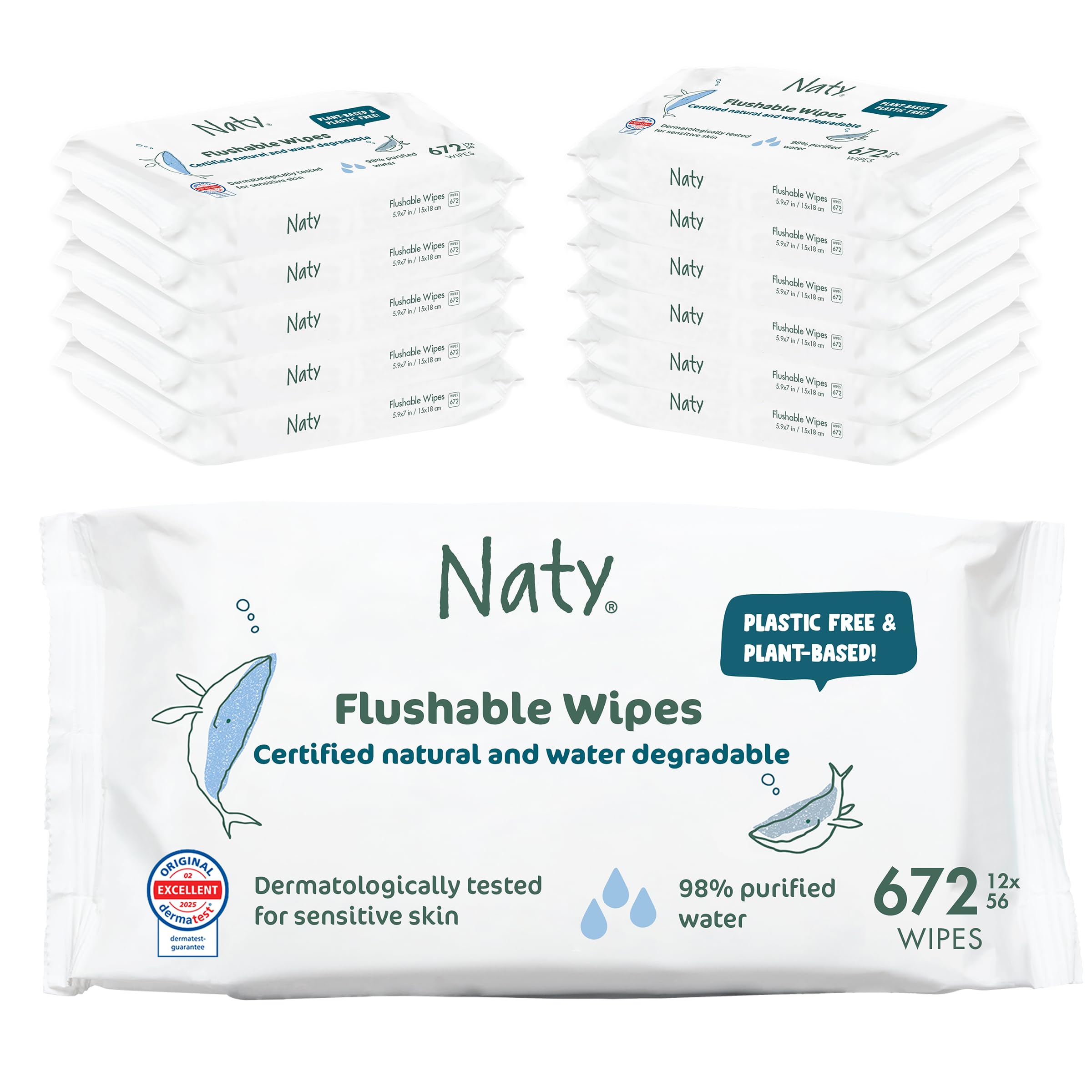 Naty Flushable Baby Wipes | 98% Water & Natural for Sensitive Skin | Unscented, Plant-Based, Fragrance-Free | Plastic-Free & Compostable | Newborn & Toddler Gentle Wet Wipes | 672 Count (12 Packs)