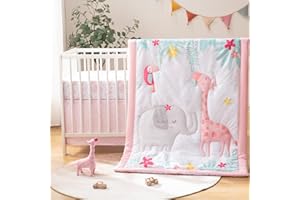 TCOYIWL 4-Piece Crib Bedding Set for Baby Boys Girls, Infant Toddler Nursery Baby Bedding Sets Includes Cartoon Quilt, Fitted Crib Sheet, Crib Skirt and Plush Giraffe Toy
