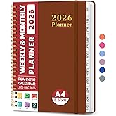 2026 Planner, Weekly and Monthly Calendar Planner, January 2026 - December 2026, Hardcover 2026 Calendar Book with Tabs For Women & Men, Inner Pocket, Spiral Bound, Perfect for Office Home School Supplies - A4 (8.5" x 11"), Rust Brown