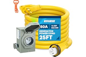 Kohree 50 Amp Generator Cord and Power Inlet Box Kit, 25FT NEMA 14-50P to SS2-50R Generator Extension Cord, 50Amp Pre-drilled Generator Inlet Box with Cable Waterproof Combo Kit, 125/250V, ETL Listed