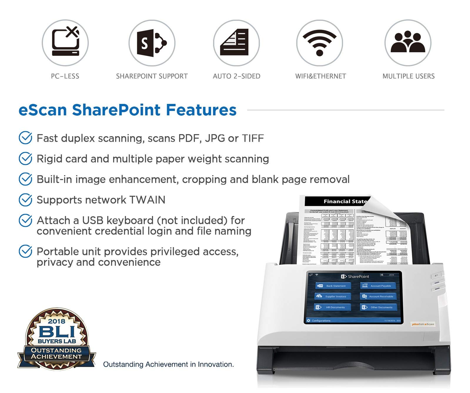 Plustek eScan SharePoint - Network Document Scanner Dedicated for Microsoft SharePoint and Office 365 – Standalone (PC-Less), 7” Color Touchscreen – 50-Sheet Automatic Document Feeder