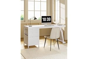 LITTLE TREE 59" Computer Desk with 3 Drawers, Reversible Rustic Desk with File Storage, Industrial Home Office Desk (White)