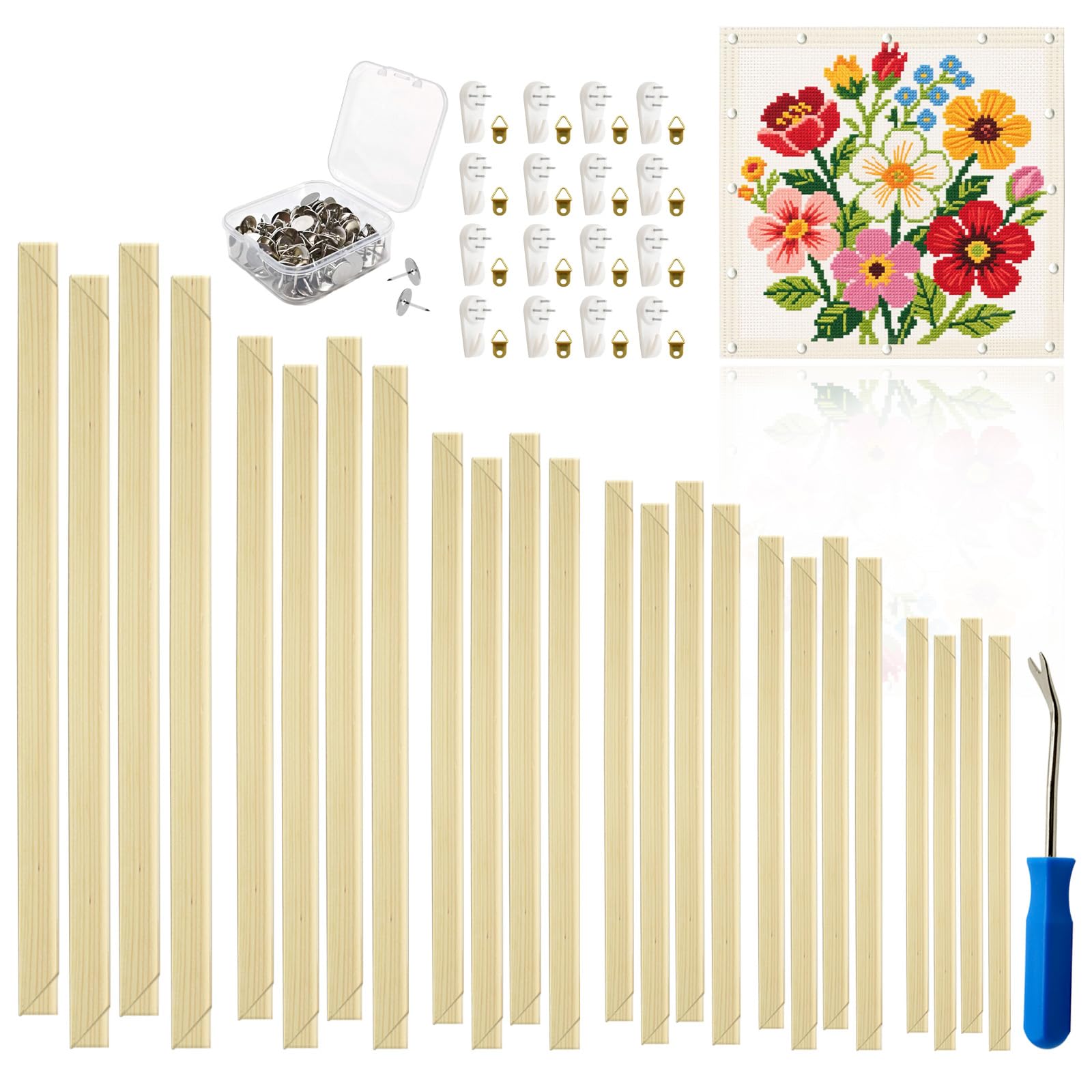 Photo 1 of 24pcs Needlepoint Stretcher Bars?Stretcher Bars for Needlework, Embroidery Hoop Set with 100 Pins, 26 Wooden Canvas Hoops (6 Sizes), Includes Decorative Pinning Tools and Nail Removal Tool