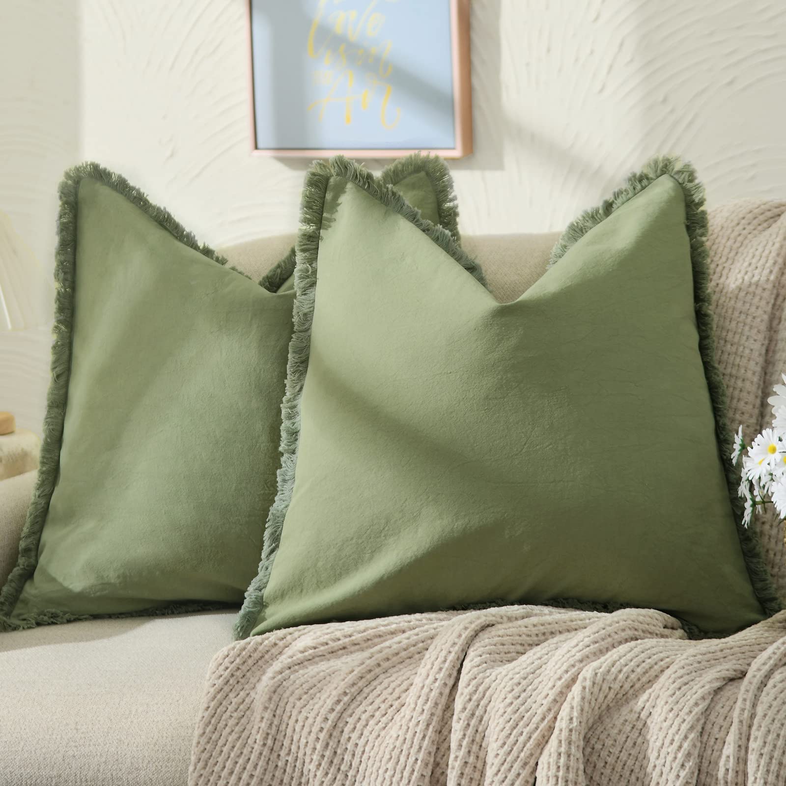 Photo 1 of ZWJD Pillow Covers 20x20 Set of 2 Olive Green Throw Pillow Covers with Fringe Chic Cotton Decorative Pillows Square Cushion Covers for Sofa Couch Bed Living Room Farmhouse Boho Decor