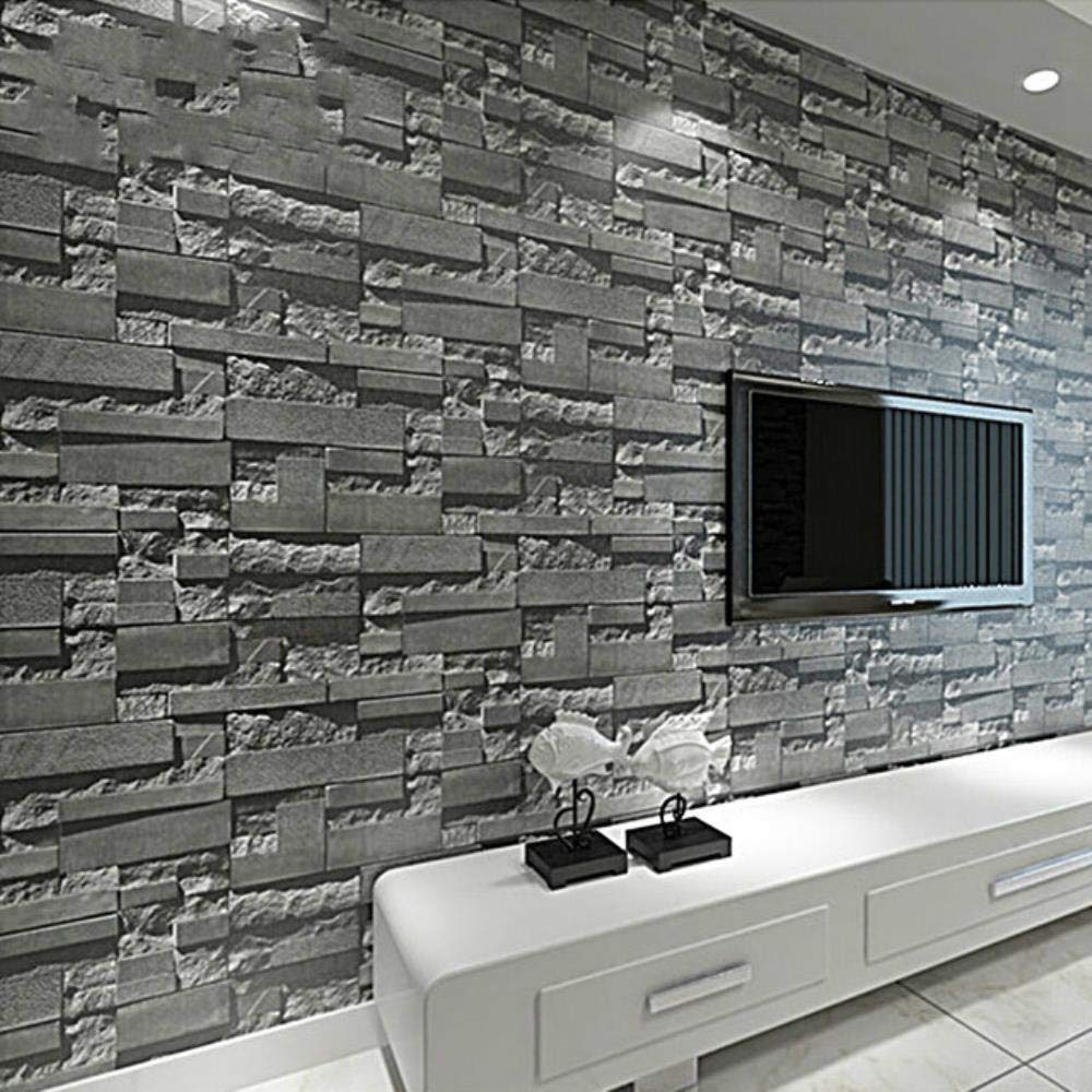 Cllym 3D Slate Stone Brick Effect Washable Vinyl PVC Wall Paper Living Room Background Wallcovering Wallpaper Dark Grey,9.5mx53cm