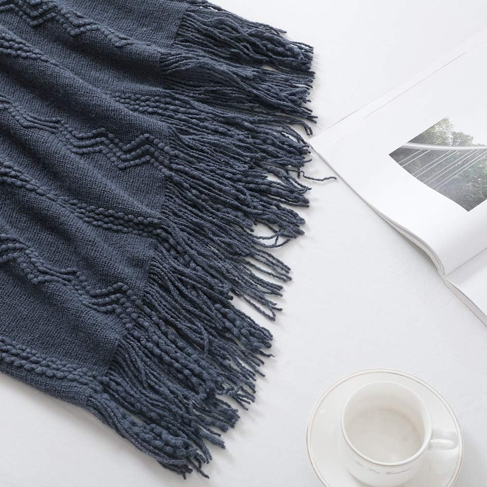 Bourina Textured Solid Soft Sofa Throw Couch Cover Knitted Decorative Blanket, Navy, 60" x 80": Home & Kitchen