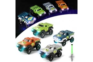 Save Unicorn Tracks Cars Replacement only, Dino Track Cars for Tracks Glow in The Dark, Car Tracks Accessories with 3 Flashing LED Lights, Compatible with Most Car Tracks for Kids Girl(4pack), Green3