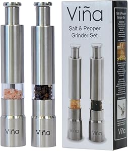 2 Pack Vina Stainless Steel Thumb Push Mini Salt and Pepper Mill Grinder Set for Gourmet Home Restaurant Buffet, 2PCs / set