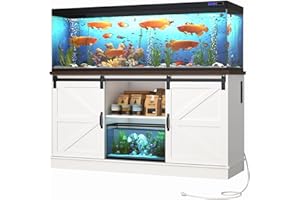 Hlivelood Farmhouse 75-120 Gallon Fish Tank Stand with Power Outlet, Aquarium Stand w/Cabinet&Sliding Barn Door, Heavy Duty Reptile Tank Stand for Fish/Turtle/Reptile Terrarium, 1000LB Capacity, White