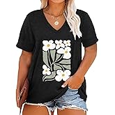 Robisomn Womens Plus Size Tops Boho Floral Short Sleeve V Neck T-Shirt Casual Summer Wildflower Graphic Tees