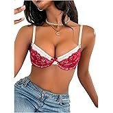 OYOANGLE Women's 3/4 Cup Lace Trim Underwire Bra Comfortable Push Up Unlined Bralettes