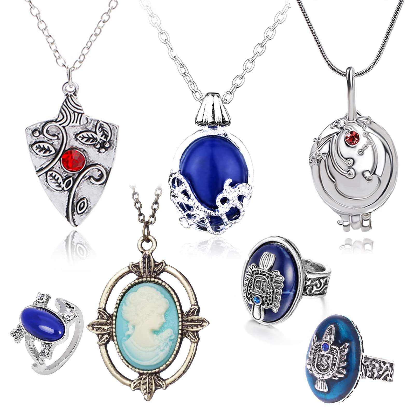 HJYZY 7 pcs Cosplay Vampire Jewelry Set Daywalking Katherine Sapphire Elena Opening Vervain Locket Charm Pendant Necklace Damon Stefan finger Family Crest Ring