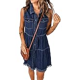 luvamia Women's Casual Summer Lapel Sleeveless Button Down Short Denim Jean Dress