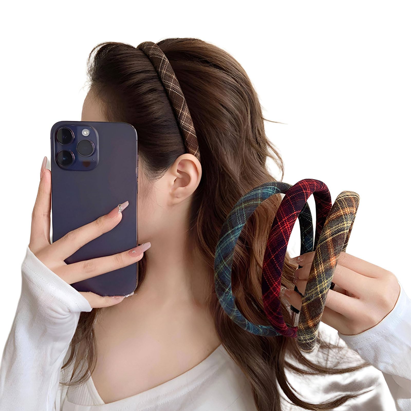 4 PCS Hairbands, Vintage Plaid Elastic Padded Headbands, Soft Outdoor Hair Accessories for Women and Girls, Brown Blue Red Check Pattern Thin Non-Slip Hairband