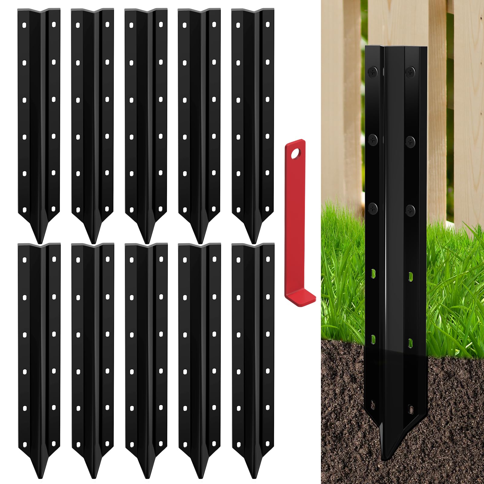 Photo 1 of SDSNTE 10 Pack Fence Post Repair Stakes –14 Ga Heavy-Duty Steel Fence Post Support Kit, Easy Installation Kit Included