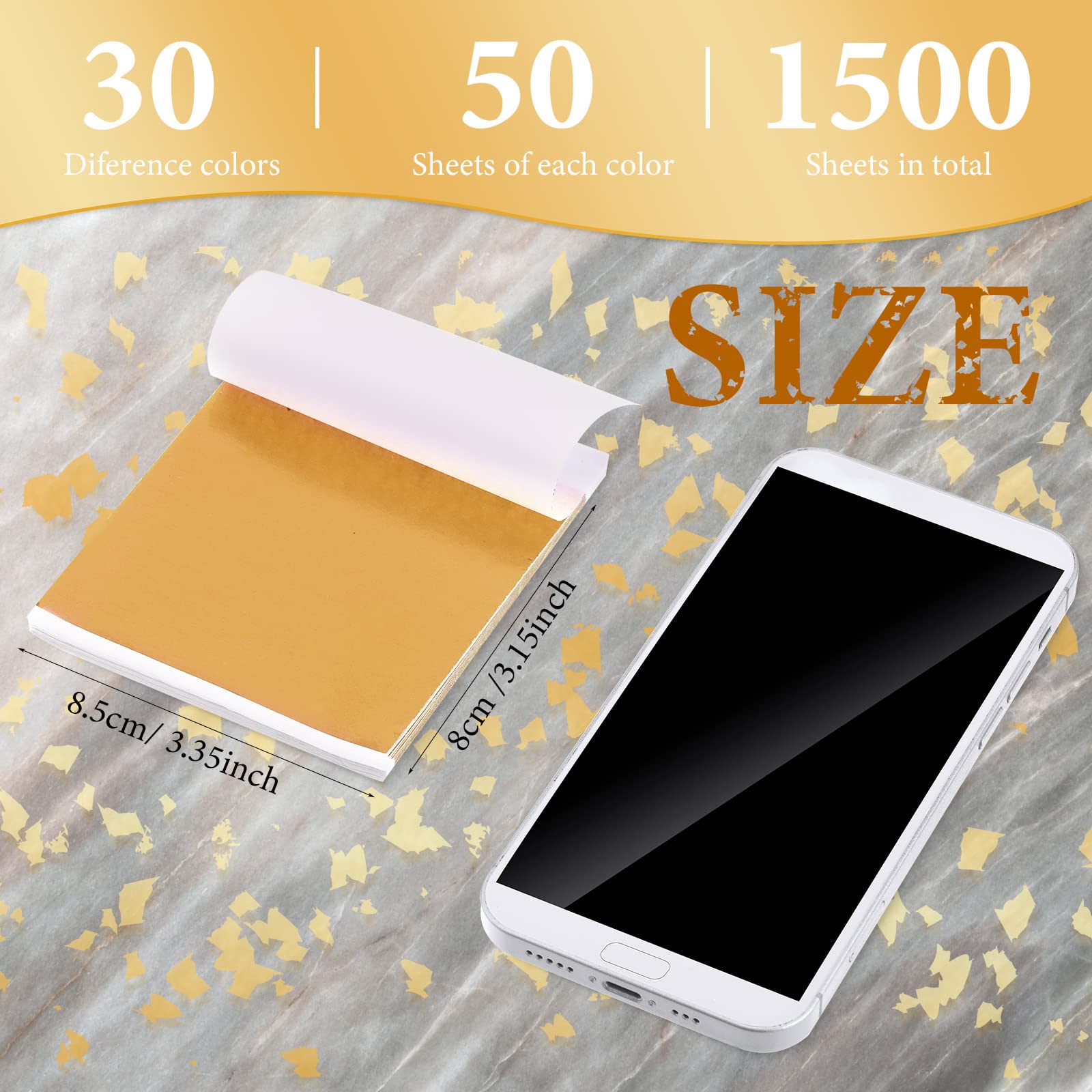 Sadnyy 1500 Sheets 30 Colors Gold Leaf Sheets Gold Foil Imitation Leaf Paper Multi Color Metallic or Arts Decoration Handcrafts Furniture DIY Nails Paintings Wall