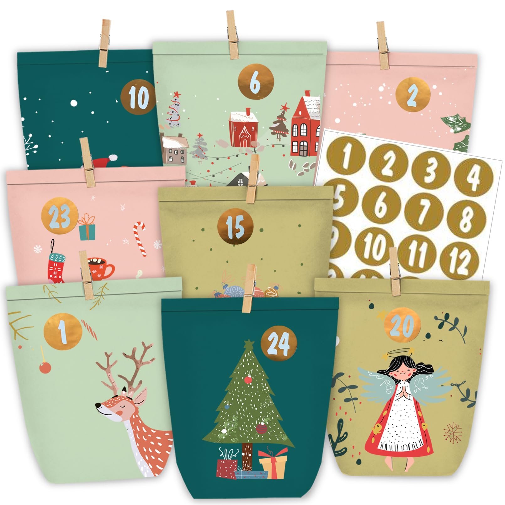 PANSIBY Advent Calendar for Filling, 24 Christmas Calendar Paper Bags for DIY Crafting, Advent Bags with 1-24 Advent Number Stickers for Self-Filling