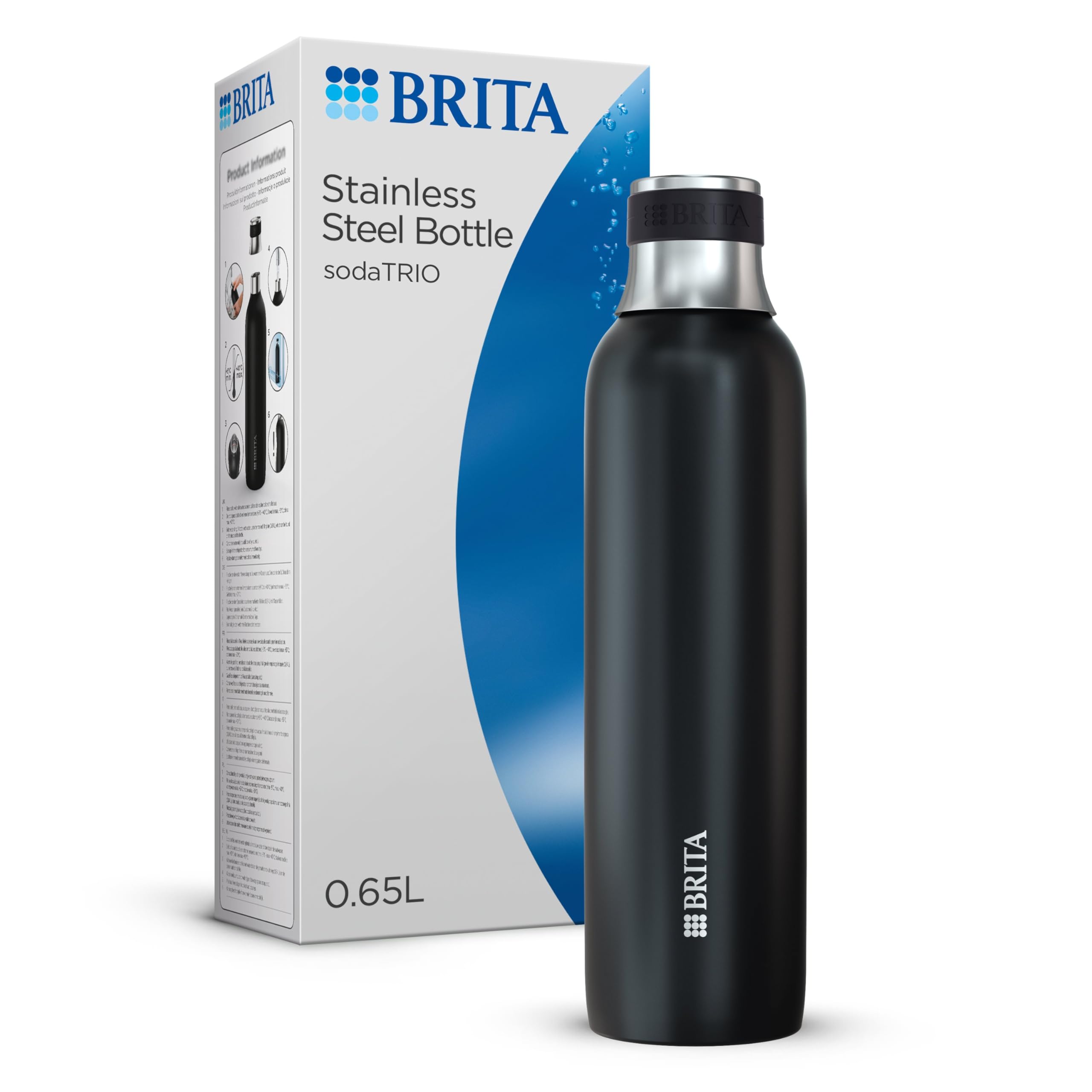 BRITA Stainless Steel Bottle Black for SodaTRIO Water Carbonator [0.65 L] - Insulated & Double-Walled Premium Stainless Steel Bottle with Stylish Silicone Ring on the Cap for Non-Slip Handling, Small