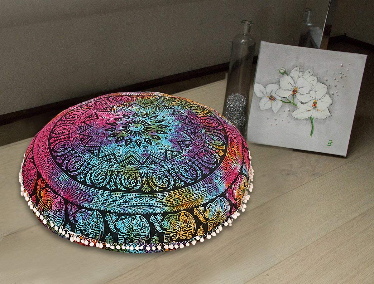 Radhykrishnafashions Indian 32" Large Hippie Mandala Floor Pillow Cover Cushion Cover Round Bohemian Yoga Decor Floor Cushion Case (Multi Elephant)