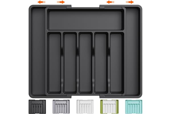 Lifewit Silverware Drawer Organizer, Expandable Utensil Tray for Kitchen, BPA Free Flatware and Cutlery Holder, Adjustable Plastic Storage for Spoons Forks Knives, Large, Black