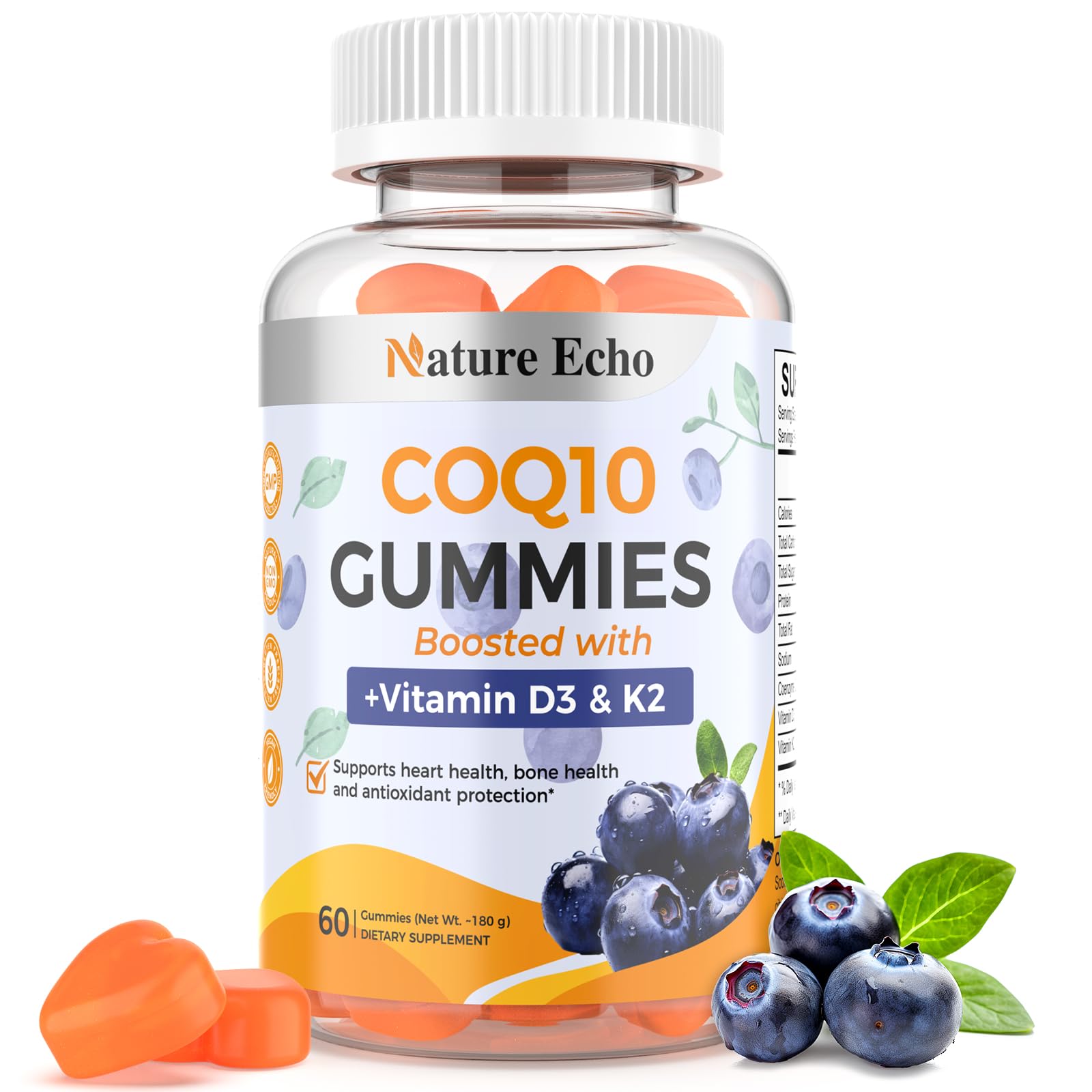 Nature Echo CoQ10 Gummies, Coenzyme Q10 Supplement 100mg with Vitamin D3 2000 IU & K2 100mcg, Sugar Free, Heart Health, Bone Support & Antioxidant, Vegan, Non-GMO, Blueberry Flavor - 60 Gummies