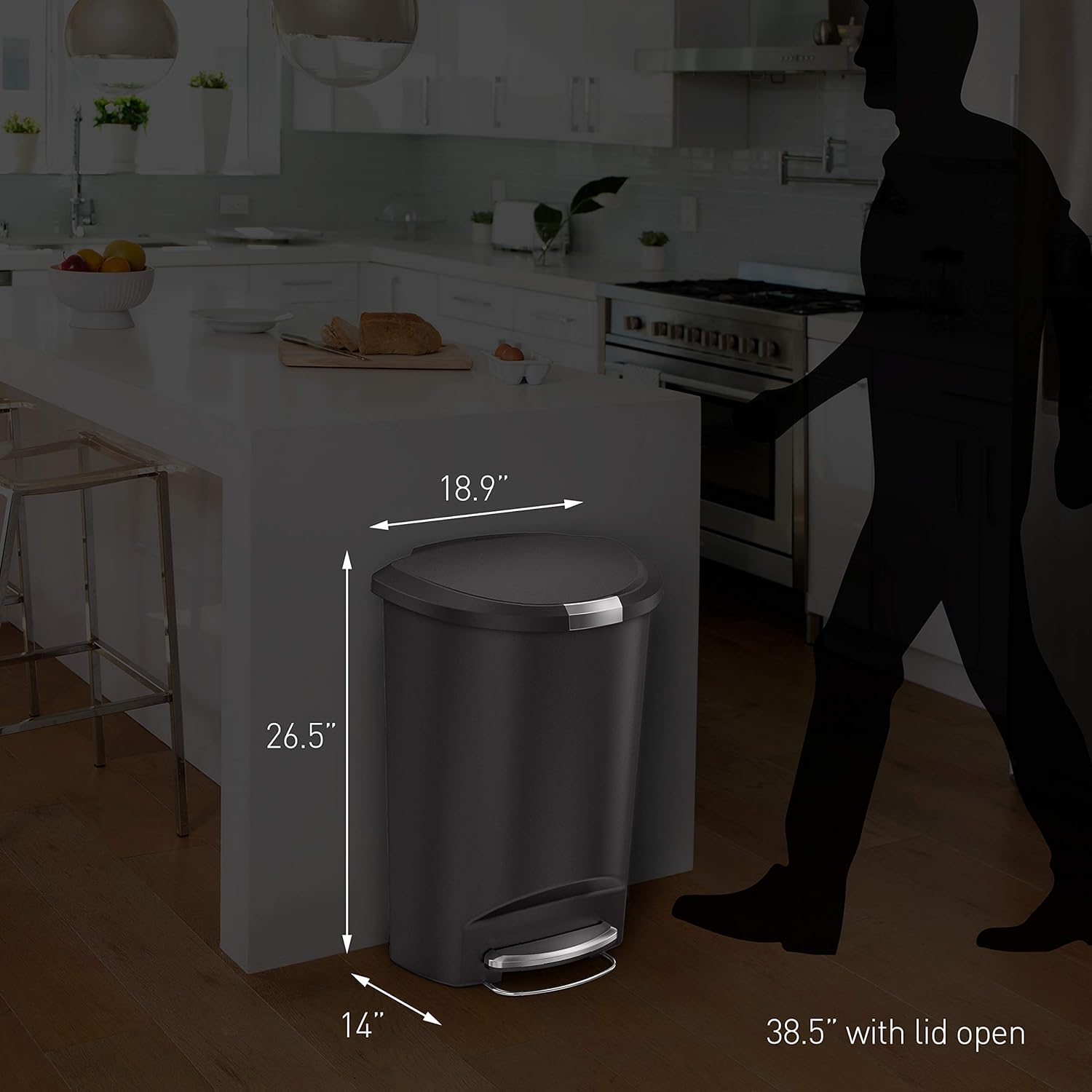 simplehuman 50 Liter / 13 Gallon Semi-Round Kitchen Step Trash Can, Black Plastic With Secure Slide Lock: Home & Kitchen