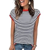 Kopinma Cap Sleeve Tops for Women Summer Striped Short Sleeve Sweater Top Crew Neck Sleeveless Vest Spring Going Out Shirts