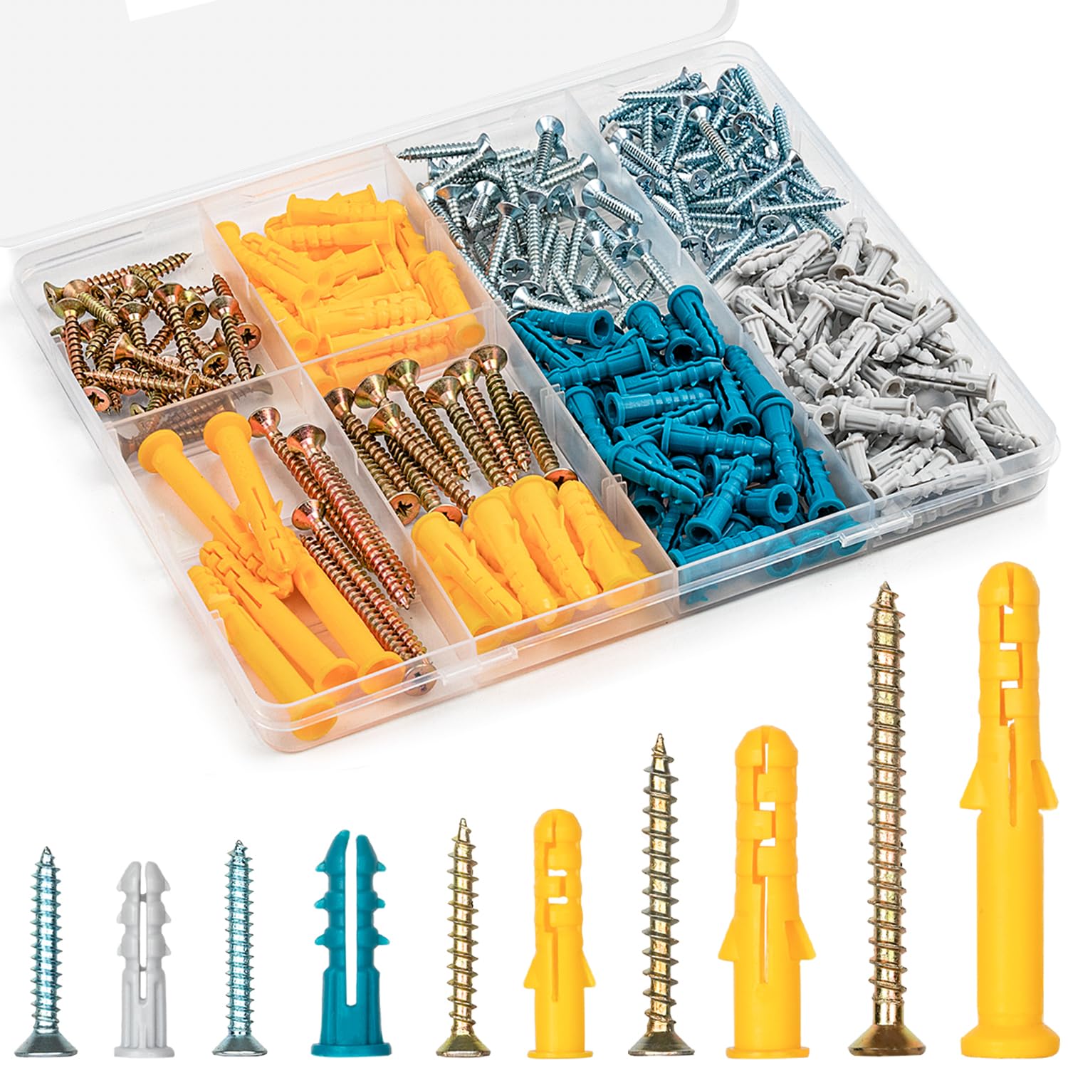 KURUI Plastic Wall Anchors and Screws Assortment Kit 230PCS, 115 Plastic Drywall Anchors and 115 Philips Flat Head Screws, 5 Sizes Galvanized Screws and Wall Plug Bolts with Organizer Box