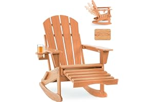 Serique Adjustable Adirondack Rocking Chair with Retractable Ottoman, 4-in-1 Multifunctional Folding Patio Chair with Cup Holder, Outdoor Chair Wood Texture for Lawn, Porch, Backyard, Pool(Teak)