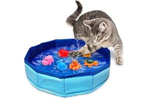 Eelexa Portable Cat Pool Toy with 6 Fish-Shaped Water Toys, Interactive Splash-Proof Indoor Cat Toys for Boredom Relief, Self-Play Cat Pool for Bored Cats, Easy Fill & Drain Design