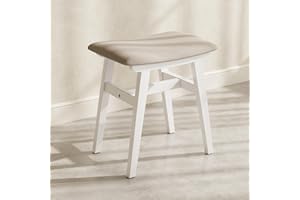 Muwuele Solid Wood Vanity Stool, Compact Makeup Chair with Saddle Cushion, Linen-Covered High Rebound Sponge Seat, Easy Assem