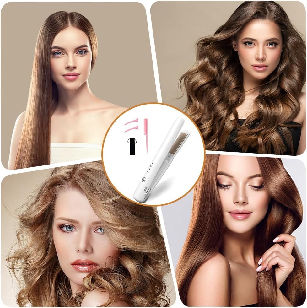 Cordless Hair Straighteners – Rechargeable Portable 2-in-1 Straightener and Curler, Travel-Friendly with 4 Temperature Levels, Fast Heat-Up for Home and Travel Use (White)