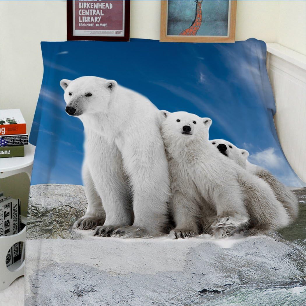 Violetpos Thick Flannel Blanket Soft Warm Cosy Fleece Sofa Blanket Cover Cute White Polar Bear and Baby Blue Skies, flannelette, White, 150 x 200cm - Image 3
