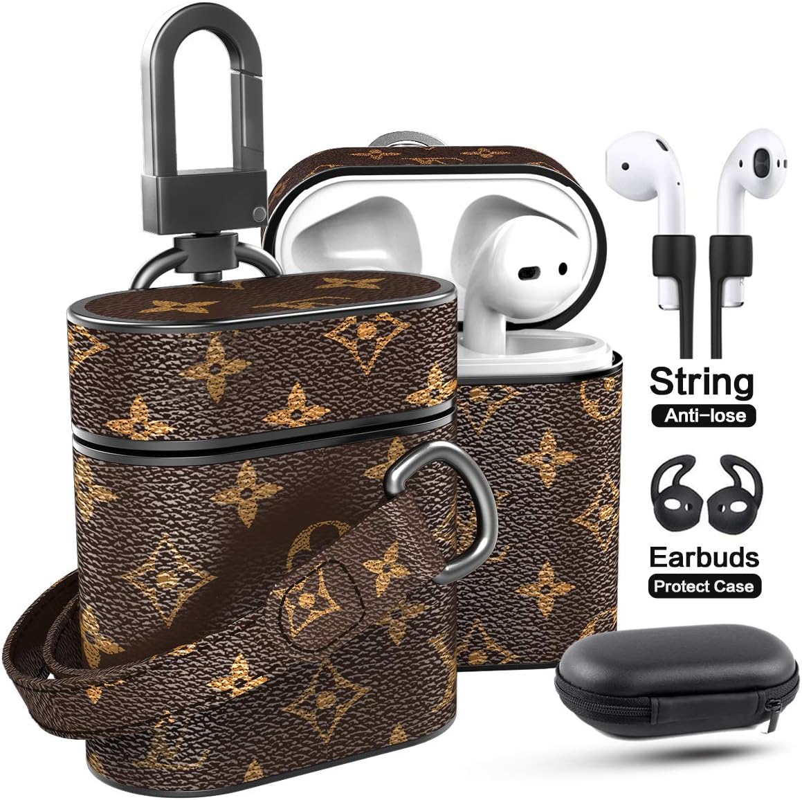 Jansae Leather Case Compatible with Airpods Case with 6.3in Wristlet Strap Keychain, Luxurious Designer Cases Kits Compatible for Airpod Case 1st / 2nd Cover (Brown-Flower)