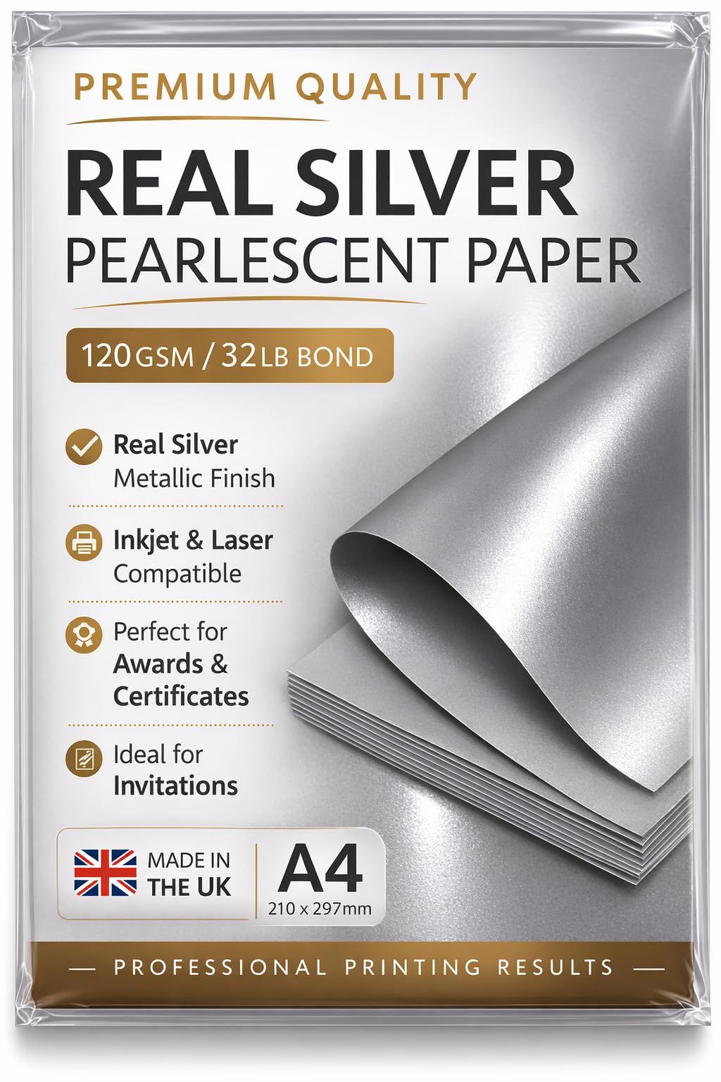 Premium Metallic Silver Paper A4 – 120gsm Shimmer Cardstock with Real Silver Pigments – Inkjet & Laser Printer Compatible – Luxury Certificate, Invitation & Craft Paper Sheets (10)