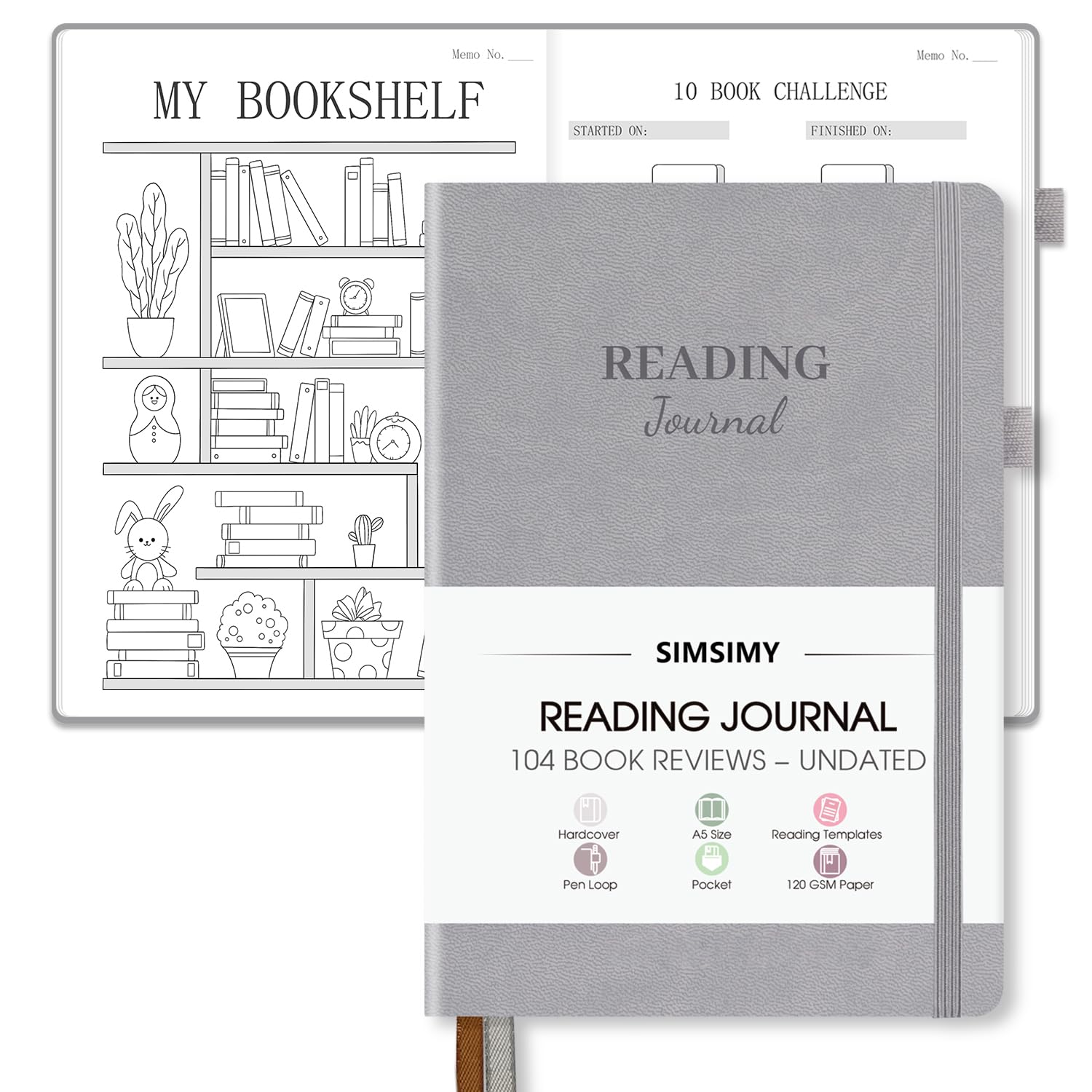 SIMSIMY Reading Journal with 104 Book Reviews - Book Journal for Lovers & Readers - Reading Tracker & List Challenge, A5, Gray