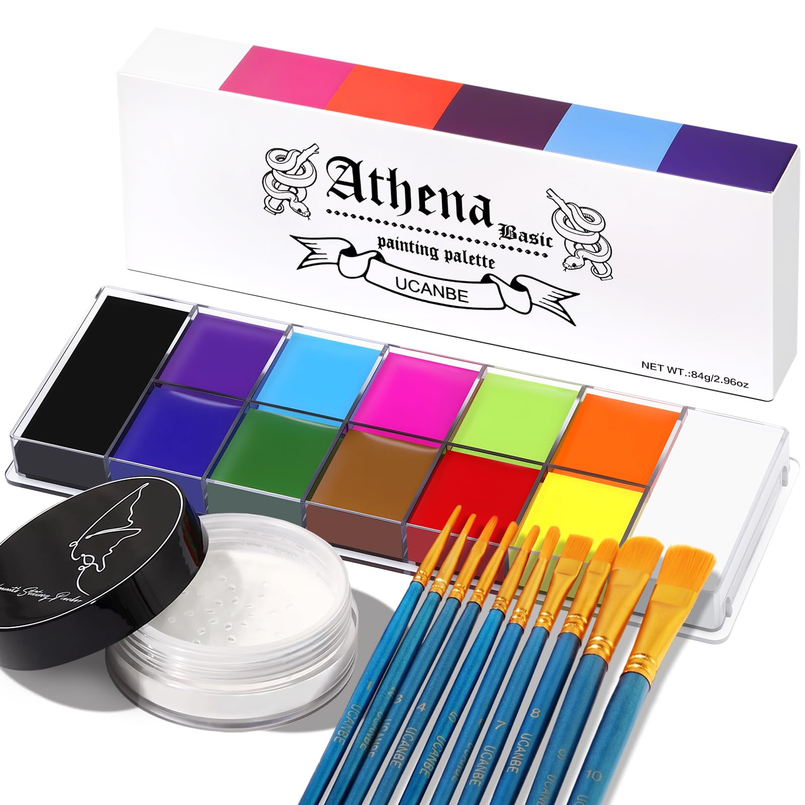 UCANBE Athena Basic Face Body Paint Kit - 12 Colors Oil Painting Palette + Translucent Setting Powder + 10 Brushes, SFX Facep