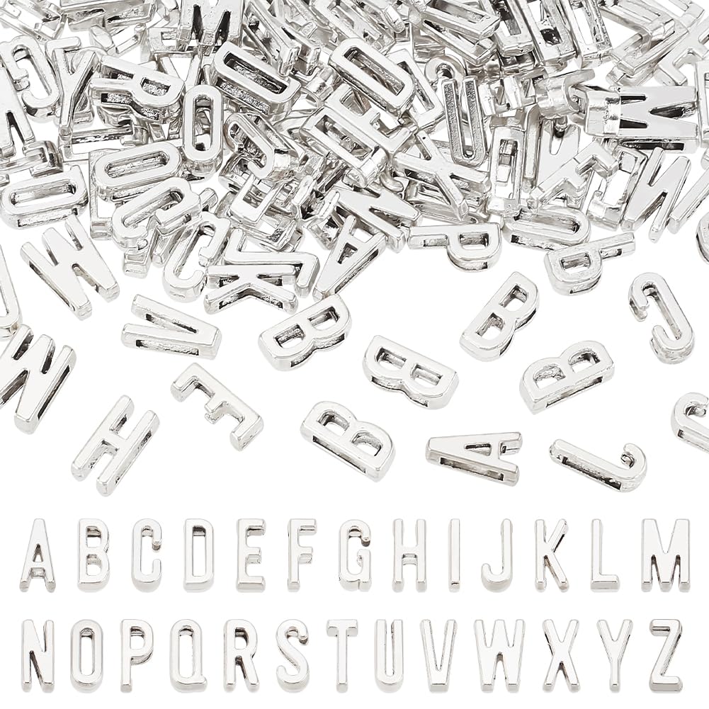 PH PandaHall 130pcs Alphabet A-Z Slide Charms Tibetan Alloy Letters Slide Beads Charms for DIY Craft Flat Bracelet Wristbands Necklace Choker Jewellery Making