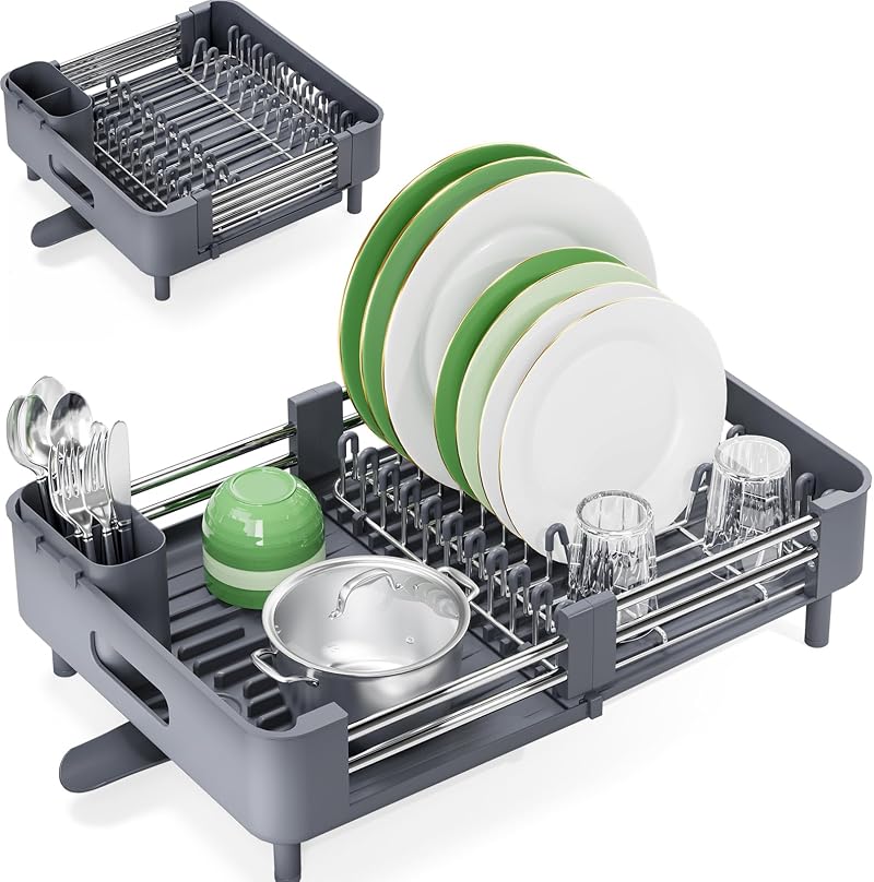 KINGRACK Extendable Dish Drainer Rack Stainless Steel Gray Kitchen