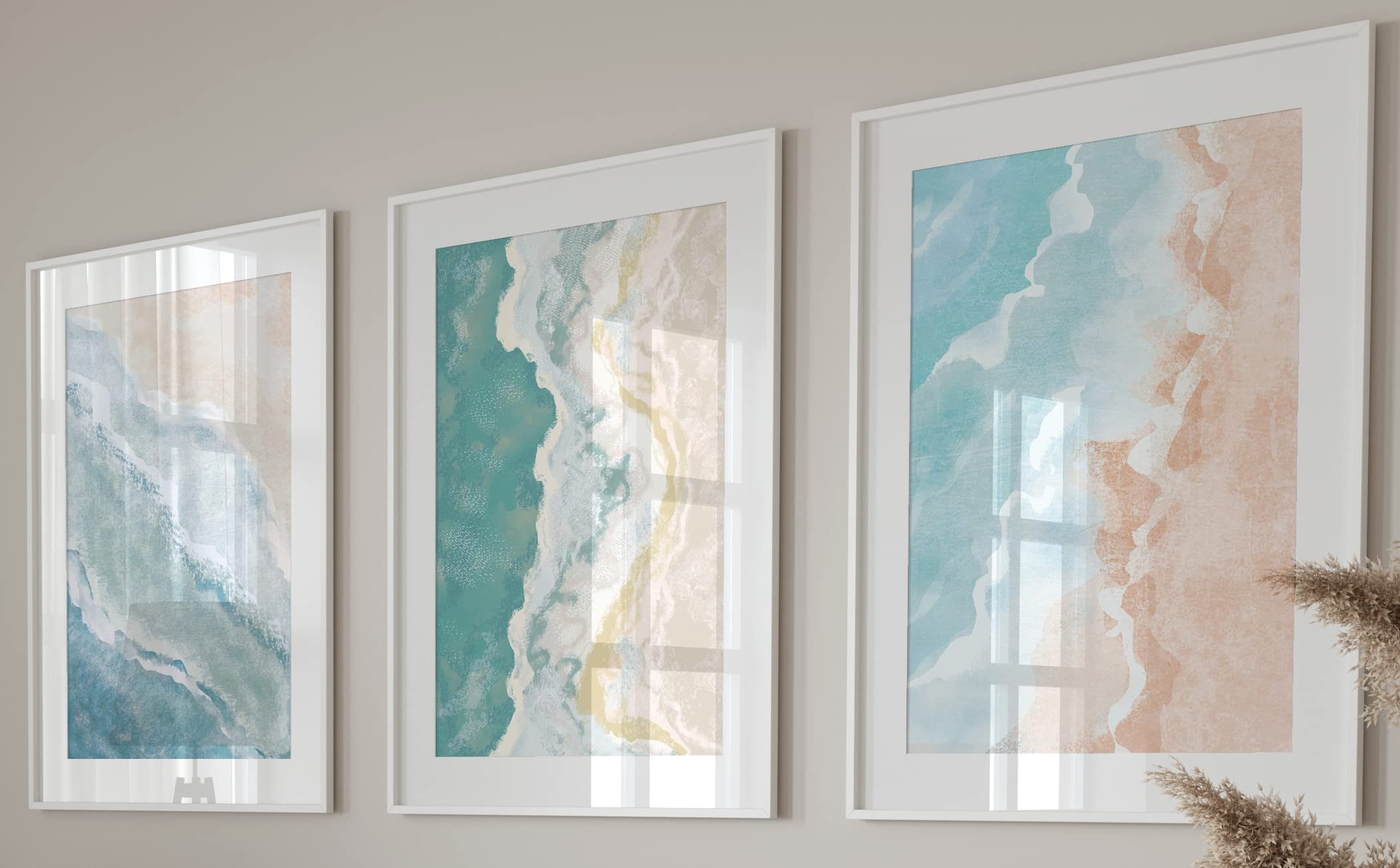 Eviepops Prints Abstract Beach Waves Set of 3 Unframed Wall Prints, Beach Sea Sand Coastal Landscape Bathroom Wall Art, Home Décor, Watercolour Style Abstract, Ocean Gallery Wall Art (A3)